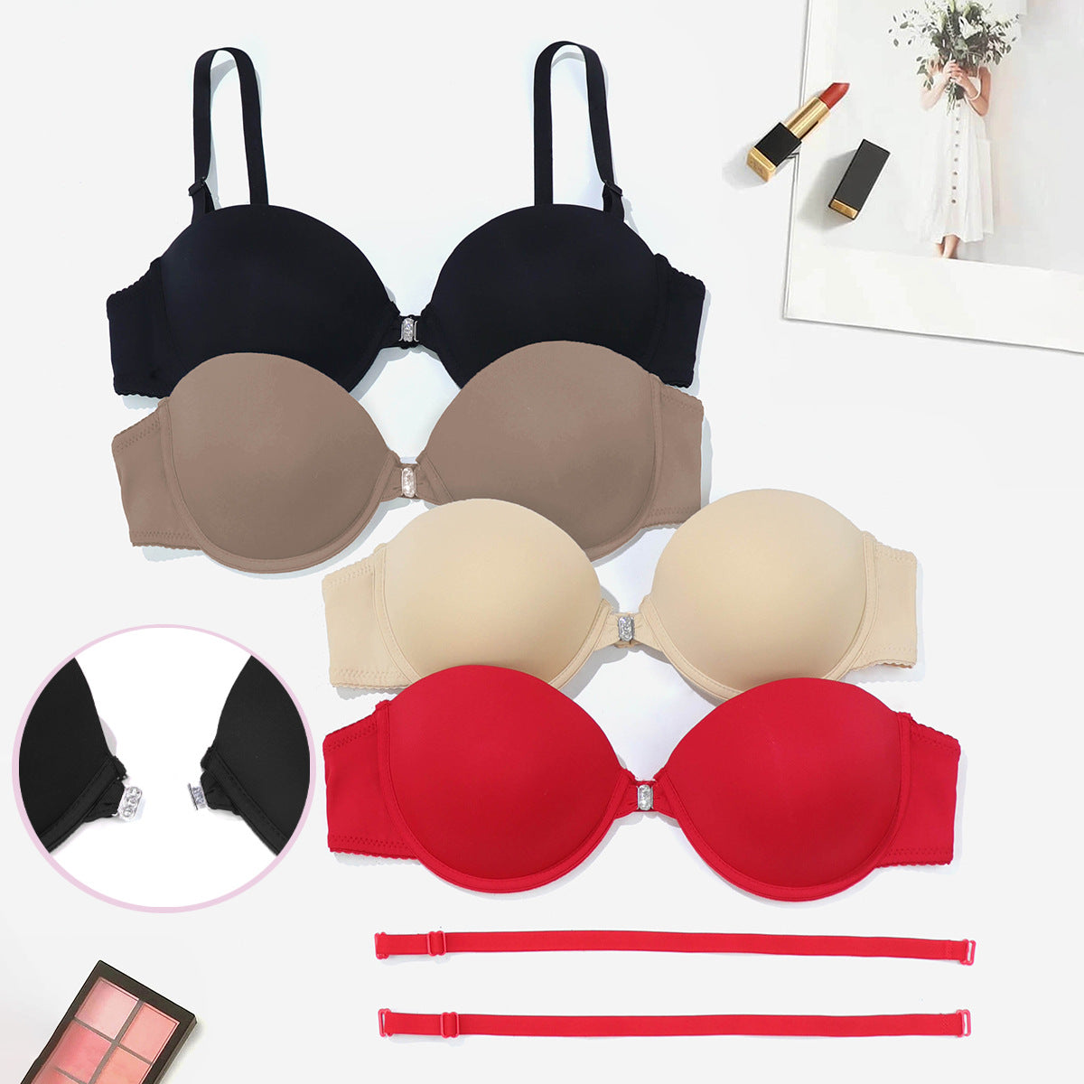 Soutien-gorge Push-Up sans Bretelles à Fermeture Avant, Effet Remonte-Poitrine Sans Couture