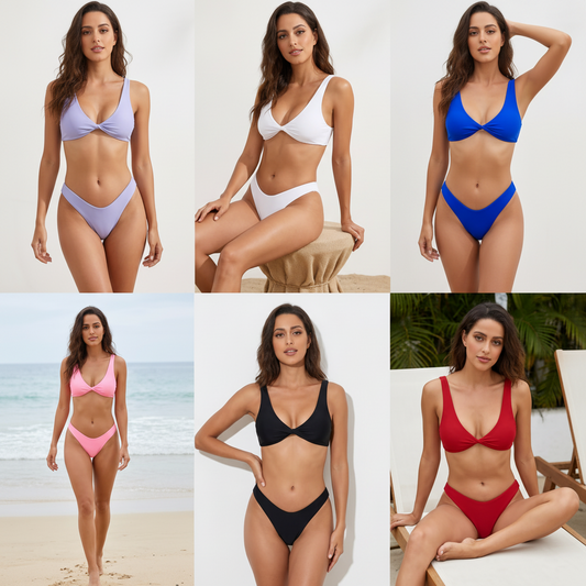 Solid Color Knotted Strap Bikini Swimsuit